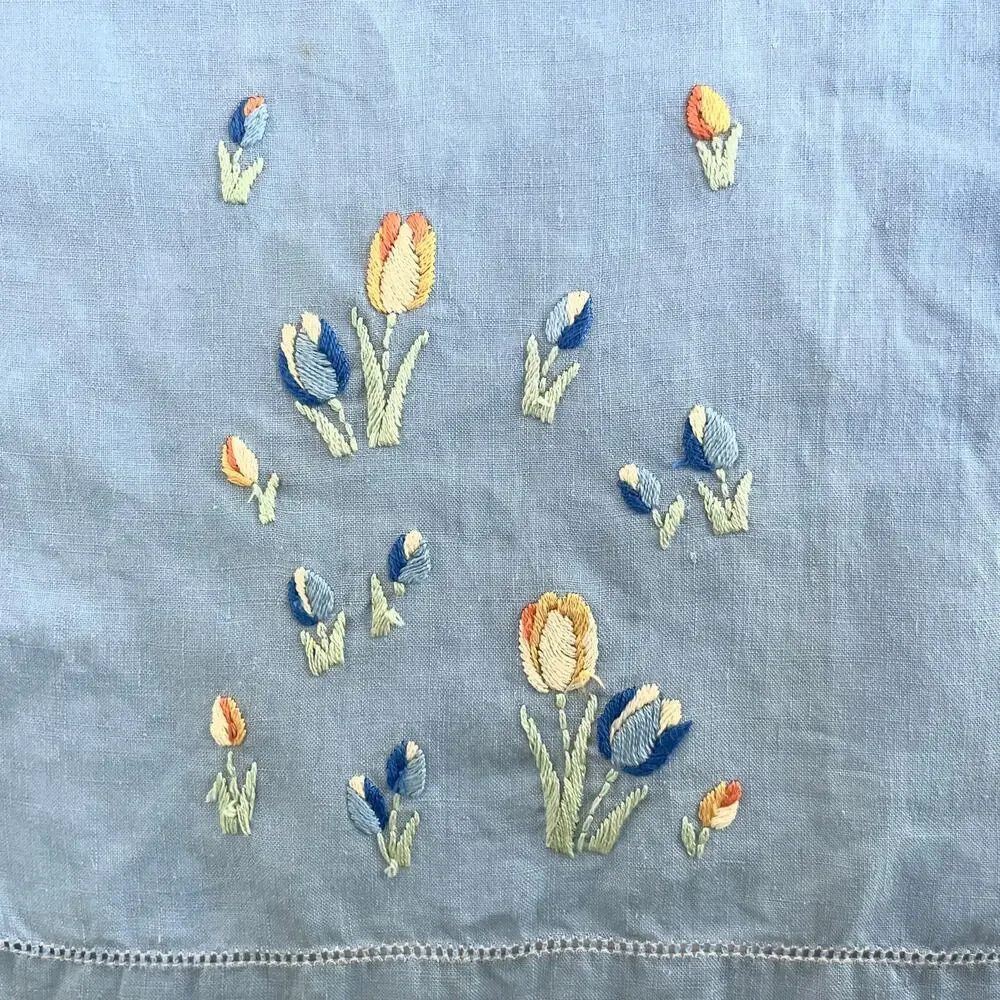 2 Vintage Hand Embroidered Floral Tea Towel Handkerchief Napkin Openwork Border